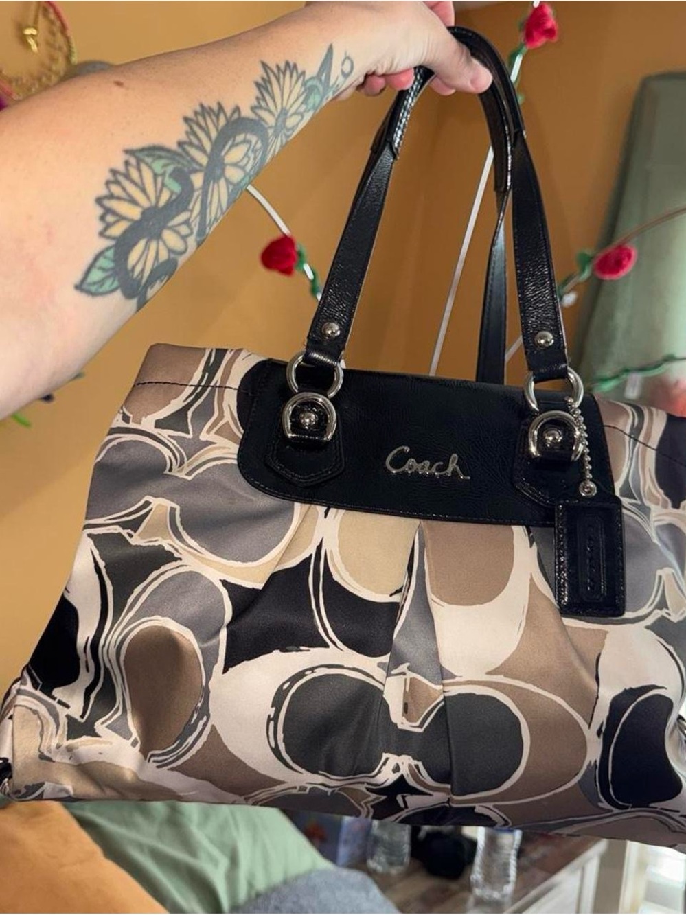 Coach Taupe, Black & Cream Signature Shoulder Bag